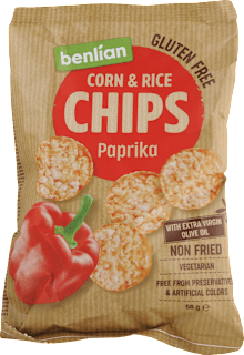 Nesmažené kukuričné a ryžové čipsy Paprika benlian