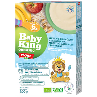 ORGANIC OVSENO-PIRINČANE CEREALIJE SA MLEKOM, BANANOM I JABUKOM, od 6. meseca Baby King