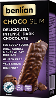 CHOCO SLIM snek proizvod od ekspandiranog pirinča sa čokoladnim prelivom sa 85% kakao delova, 5x16g benlian