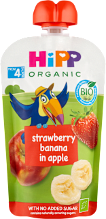 BIO HiPPis příkrm v sáčku Jablko, banán a jahoda HiPP