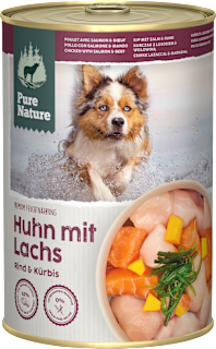 Nassfutter Hund mit Huhn, Lachs, Rind & Kürbis Pure Nature