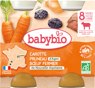 bio příkrm mrkev a sušené švestky s hovězím masem 2x200 g babybio