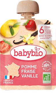bio příkrm v sáčku jablko, jahoda a vanilka babybio