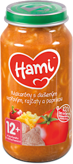 příkrm makaróny s dušeným vepřovým, rajčaty a paprikou Hami