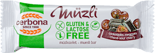 Gluténmentes müzliszelet, csokoládés-meggyes Cerbona