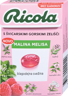 Zeliščni trdi bonboni z okusom maline in melise, brez sladkorja Ricola