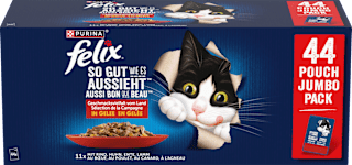 Nassfutter Katze, Geschmacksvielfalt vom Land mit Rind, Huhn, Ente & Lamm in Gelee, Multipack (44x85 g) Felix