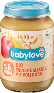 Bio bébidesszert gyümölcsök teljes értékű gabonapelyhekkel, 6. hónapos kortól babylove