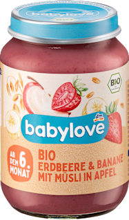 Био бебешка каша мюсли с ябълки, банани и ягоди babylove