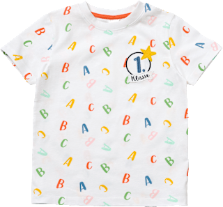 T-Shirt Schulanfang mit "1. Klasse" Patch & ABC-Muster, weiß, Gr. 122, 1 St