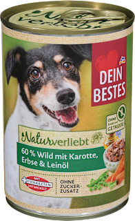 Cibo umido per cani con selvaggina, carote, piselli e olio di lino DEIN BESTES
