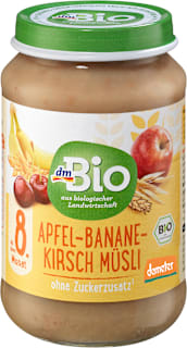 Omogeneizzato con mela, banana, amarena e cereali integrali dmBio