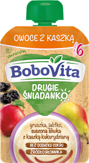 Mus owoce z kaszką, gruszka, jabłko, suszona śliwka z kaszką kukurydzianą, po 6. miesiącu Bobovita