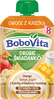 Mus owoce z kaszką, mango, banan, jogurt z kaszką orkiszową i owsianą, po 8. miesiącu Bobovita