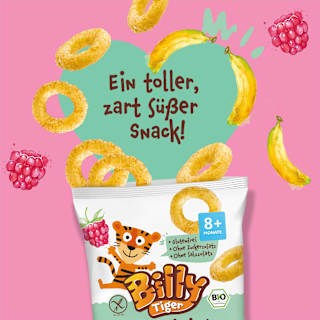 Kindersnack Maisringe mit Hirse, Banane und Himbeere, ab 8 Monaten  Billy Tiger