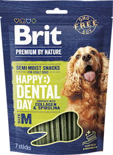 Dentálne tyčinky Premium By Nature Semi-Moist Snacks Happy Dental day veľkosť M Brit