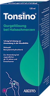 Tonsino Gurgellösung bei Halsschmerzen 1,5mg/ml Benzydaminhydrochlorid Lösung zur Anwendung in der Mundhöhle ARISTO