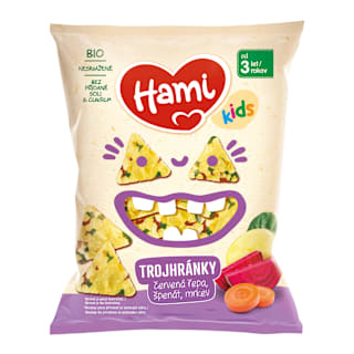 trojhránky s příchutí červená řepa, špenát a mrkev Hami