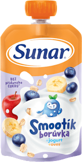 příkrm v sáčku Smootík borůvka, jogurt a ovesné vločky Sunar