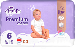 double care Cotton Premium pelene vel. 6 (16+ kg) + vlažne maramice 20 kom. Violeta