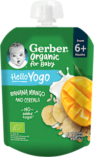 Mus owocowy BANANY, MANGO Z JOGURTEM I PŁATKAMI ZBÓŻ PO 6.MSC  Gerber Organic