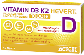 Vitamin D3 K2 Hevert Plus Calcium und Magnesium 1000 IE Kapseln 60 St HEVERT
