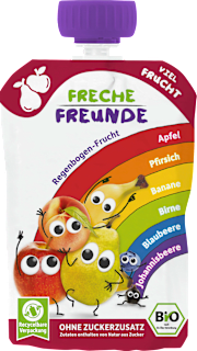Quetschie Regenbogen-Frucht Apfel, Pfirsich, Banane, Birne, Blaubeere & Johannisbeere ab dem 6. Monat Freche Freunde