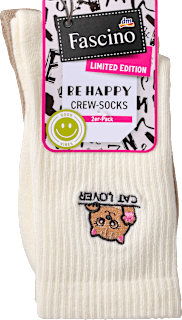 Crew Socken mit Cat Lover- + Pfoten-Motiv weiß + beige Gr. 35-38 Fascino