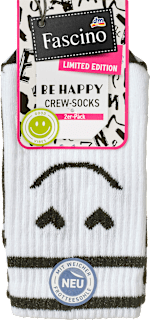 Crew Socken mit Smiley-Motiv weiß + schwarz Gr. 39-42 Fascino