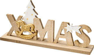 Holzschriftzug "XMAS" mit Baum & Schaukelpferd, natur-gold-silber BOLTZE