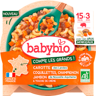 bio příkrm těstoviny coquillettes s mrkví, žampiony, šunkou a smetanou babybio