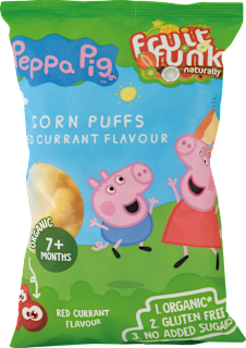 BIO kukuričné chrumky Pepa Pig s príchuťou červených ríbezlí Fruitfunk