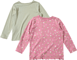 Langarmshirts mit Blumen-Muster, Rüschen & Ripp-Struktur, rosa + grün, Gr. 140 ALANA