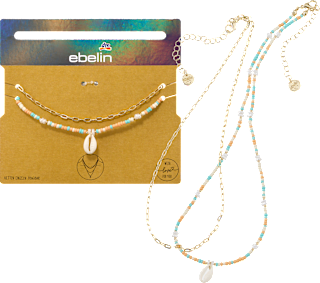 Halsketten mit Perlen und Muschel, Gold-Optik, 2 St