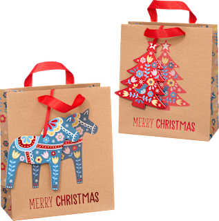 Geschenktasche "MERRY CHRISTMAS" Schaukelpferd/Weihnachtsbaum NK veredelt, midi, hoch Profissimo