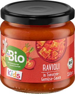 Detské ravioli so zeleninovou plnkou v paradajkovej omáčke dmBio