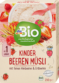 Bio müzli gyerekeknek málnával és eperrel, 1 éves kortól dmBio