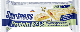 Baton proteic cu aromă de fistic caramel presărat cu fistic tocat, acoperit cu ciocolată albă maltitol Sportness