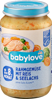 Menü Rahmgemüse mit Reis und Seelachs ab dem 8.Monat babylove