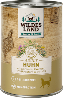 Nassfutter Hund mit Huhn, Karotte & Zucchini Wildes Land
