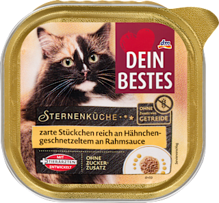 Katzennassfutter reich an Hähnchengeschnetzeltem an feiner Rahmsauce Dein Bestes
