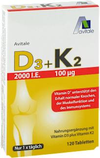 Avitale D3 + K2 Tabletten Nahrungsergänzungsmittel mit 2000 I.E. Vitamin D3 und 100 μg Vitamin K2 120 St avitale