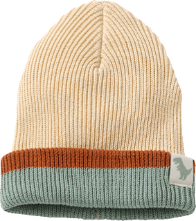 Mütze mit Dino-Label, beige & braun & blau, Gr. 50/51 ALANA