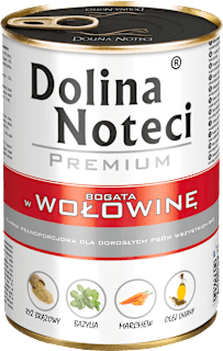 Mokra karma dla dorosłych psów wszystkich ras bogata w wołowinę Dolina Noteci Premium