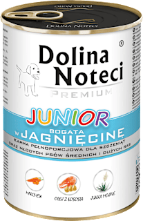 Mokra karma dla szczeniąt oraz młodych psów średnich i dużych ras bogata w jagnięcinę Dolina Noteci Premium