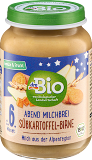 Bio mlečna kašica s sladkim krompirjem, hruško in žiti, po dopolnjenem 6. mesecu starosti dmBio