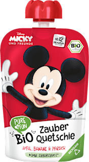 Eko voćni pire Micky – jabuka, breskva i banana, 12+ mj. PURE & FUN