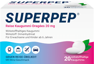 SUPERPEP Reise Kaugummi-Dragées 20mg Dimenhydrinat Superpep