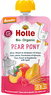 Quetschie Pear Pony Birne, Pfirsich & Himbeere mit Dinkel ab dem 8. Monat Holle