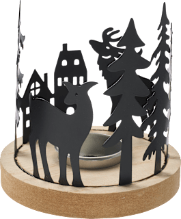 Teelichthalter aus Metall, Holzscheibe mit Bäumen & Hirschen, schwarz-natur BOLTZE